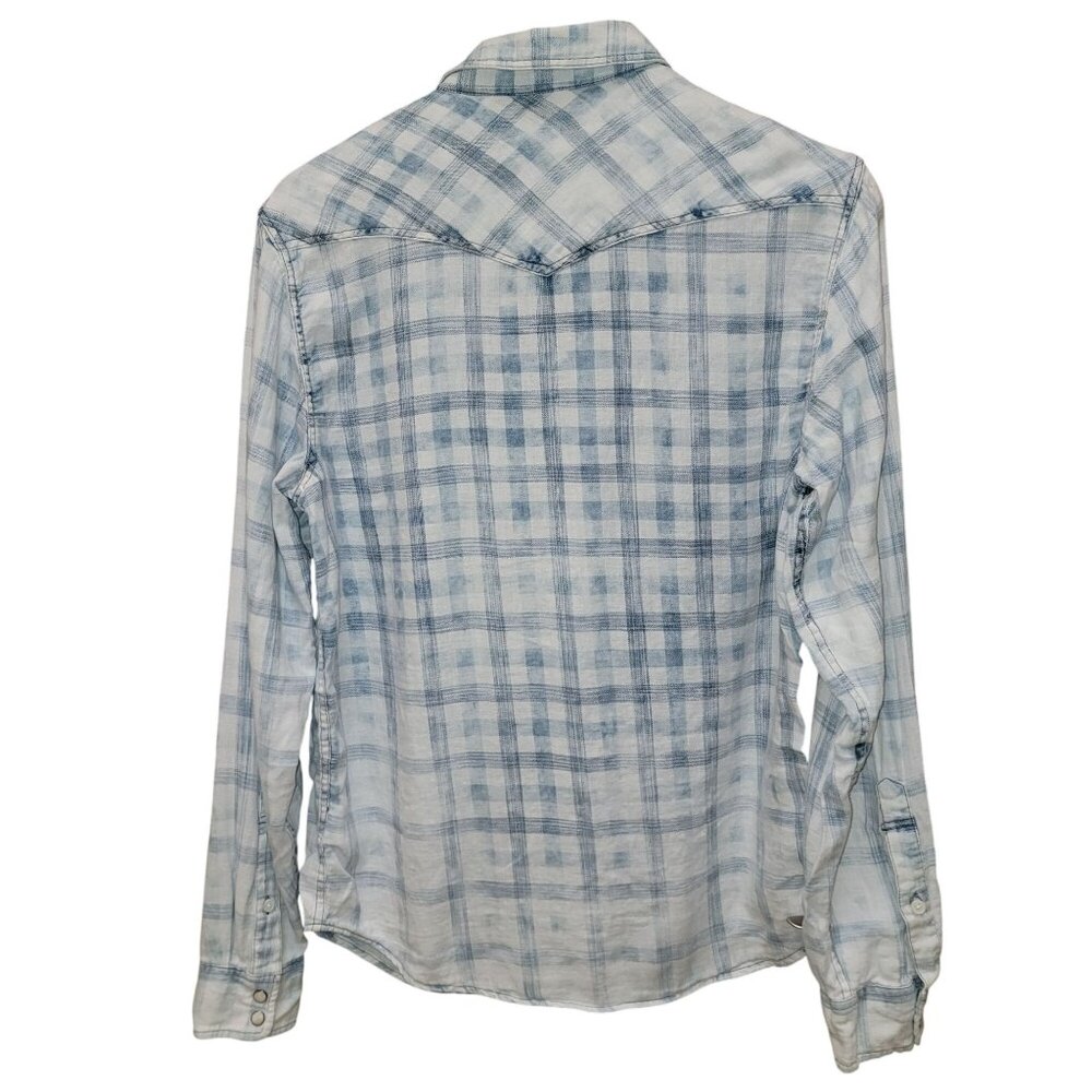 Lucky Brand Indigo linen plaid western long sleeve shirt Mens S - Picture 2 of 7
